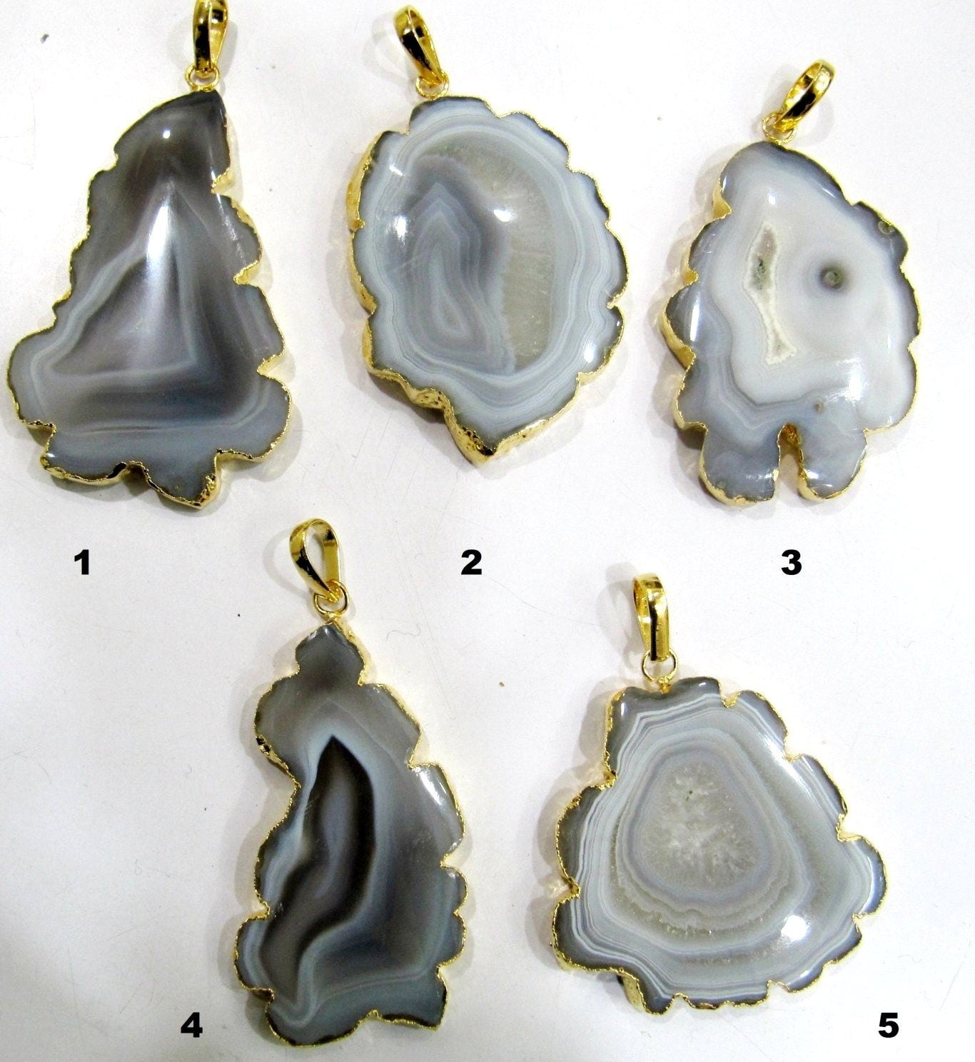Natural Grey Solar Quartz Geode Agate Slice Pendant Size 40x60mm to 50x70mm 24Kt Gold Electroplated Edges Stalactite Slice