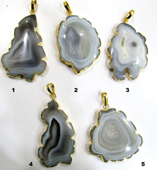 Natural Grey Solar Quartz Geode Agate Slice Pendant Size 40x60mm to 50x70mm 24Kt Gold Electroplated Edges Stalactite Slice