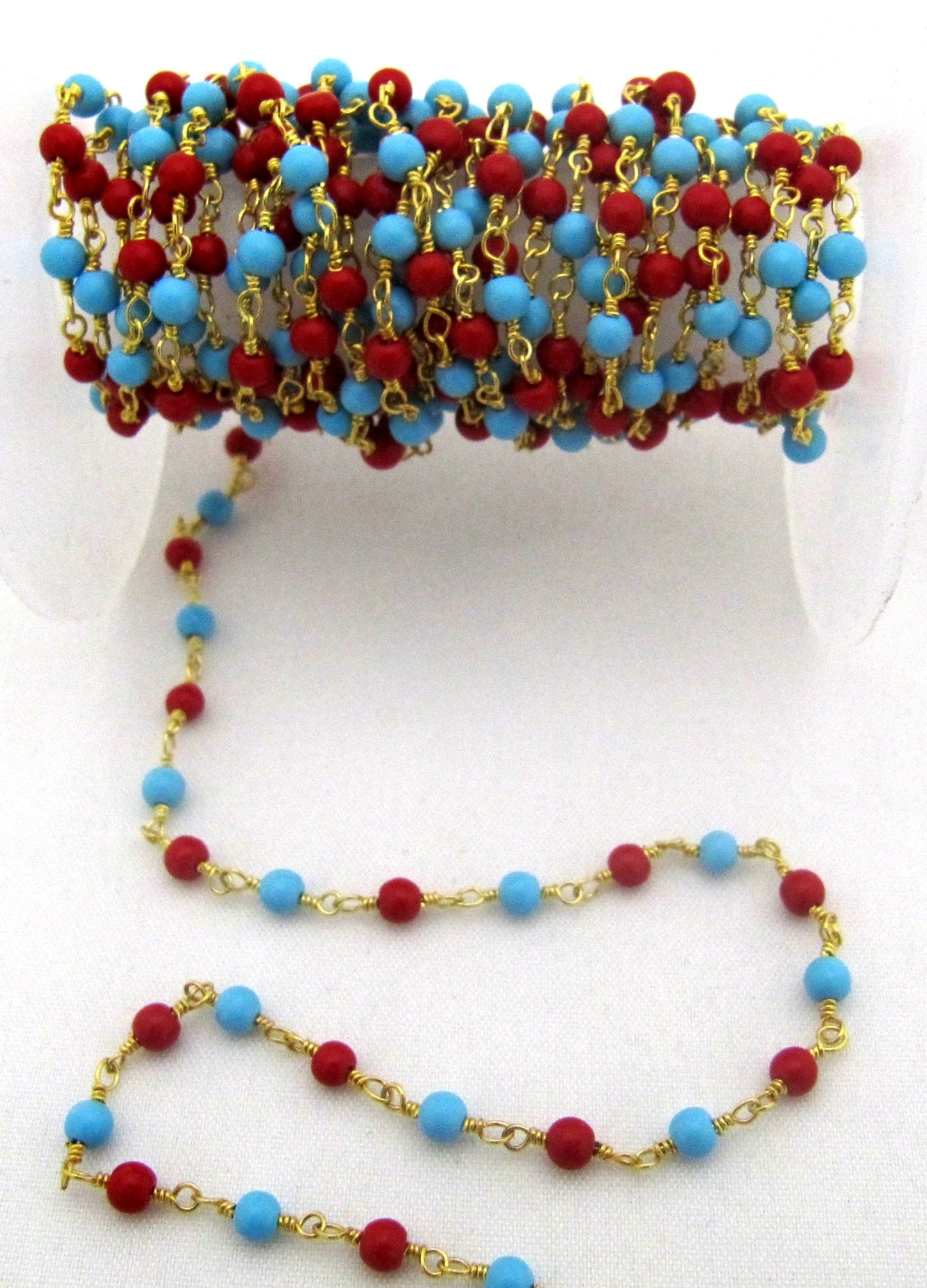 3 Feet-Coral and Turquoise Quartz Plain Smooth Round 3mm ball shape beaded Wire Wrapped Chain Wholesale Prices Jewelry Making Quartz chain