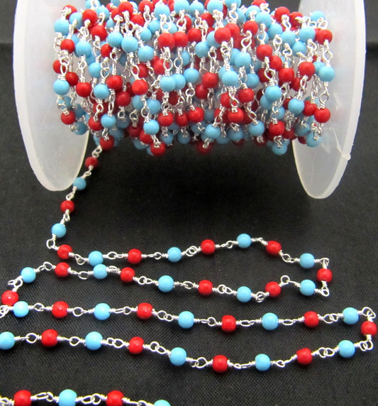 3 Feet-Coral and Turquoise Quartz Plain Smooth Round 3mm ball shape beaded Wire Wrapped Chain Wholesale Prices Jewelry Making Quartz chain