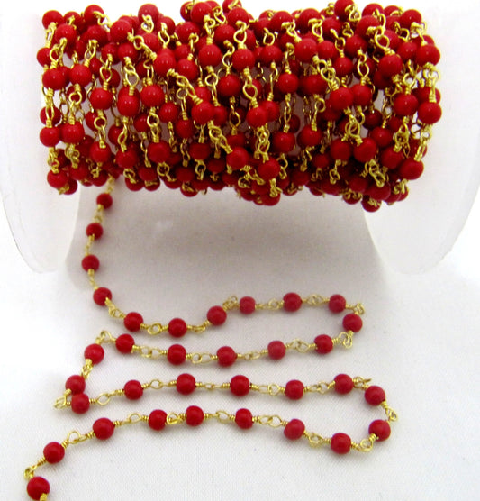 3 Feet-Coral Quartz Plain Smooth Round 3mm ball shape beaded Wire Wrapped Chain Wholesale Prices Jewelry Making Quartz chain