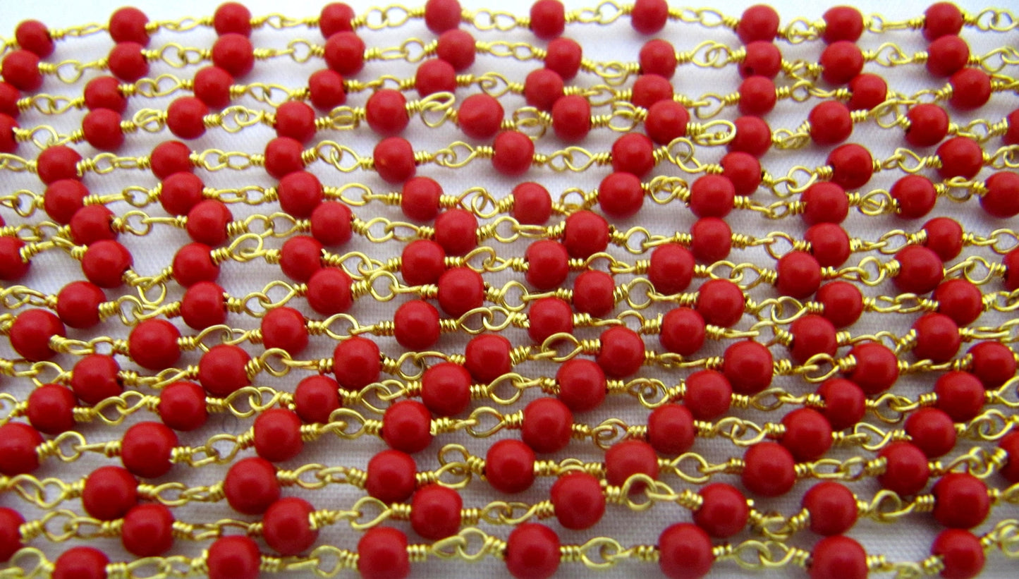 3 Feet-Coral Quartz Plain Smooth Round 3mm ball shape beaded Wire Wrapped Chain Wholesale Prices Jewelry Making Quartz chain