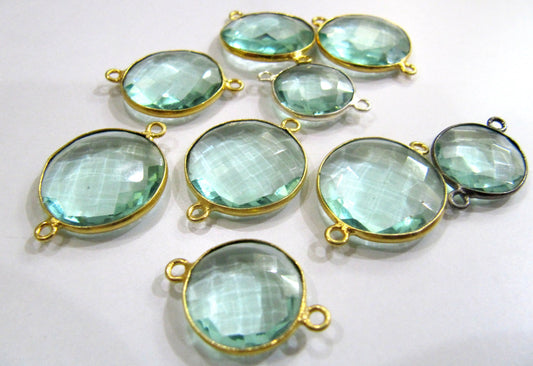 Green Amethyst Quartz  Round Coin Shape 19mm Briolette Faceted Double Loop Bezel Connectors Bezels Charms Choose the Plating Color