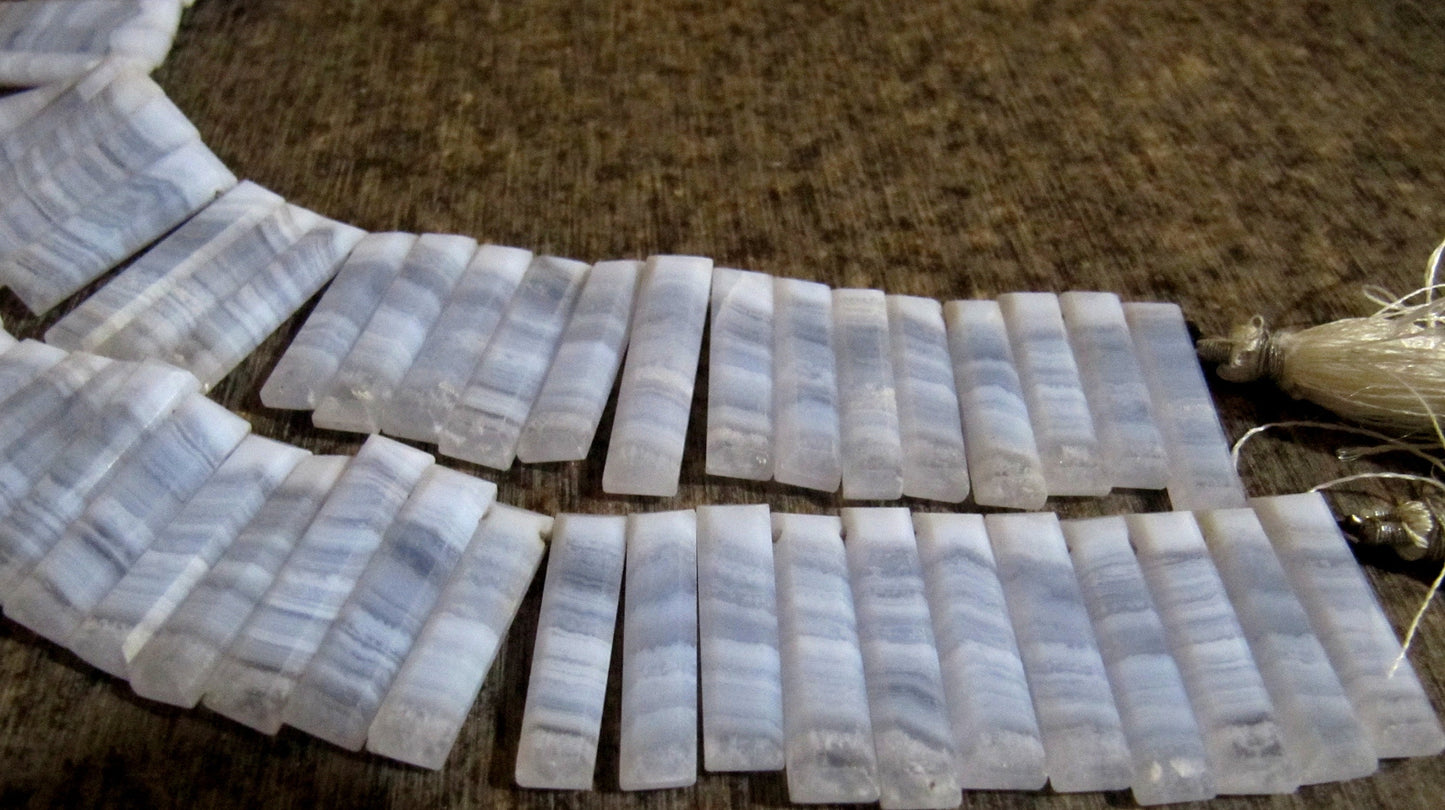 Natural Blue Lace Agate Briolette Faceted Baguette Shape 25-30mm Approximately Long Side Drilled Beads strand 8 Inches long Sold Per Strand