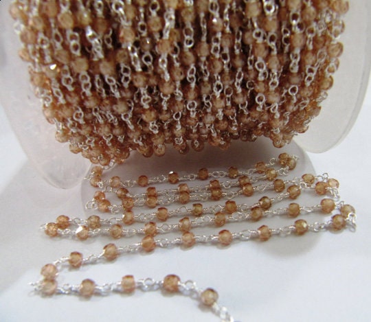 Champagne color CZ Rondelle Faceted  3mm Size Cubic Zirconia wire wrapped Beaded Rosary Chain Sold per Foot