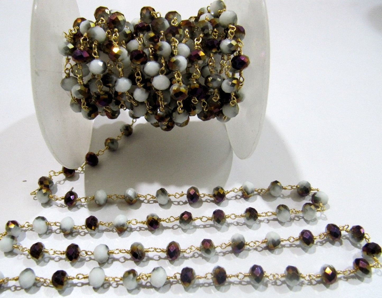 3 Feet-Mystic Coated Purple Moonstone Hydro Quartz 6mm Wire Wrapped Beaded Rosary Chain Wholesale Prices Choose the plating Color