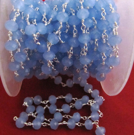 3- Feet Blue Chalcedony Rondelle 6mm Hydro Quartz Faceted Beaded Wire Wrapped Rosary Aati Chain Wholesale Price Jewelry making chain