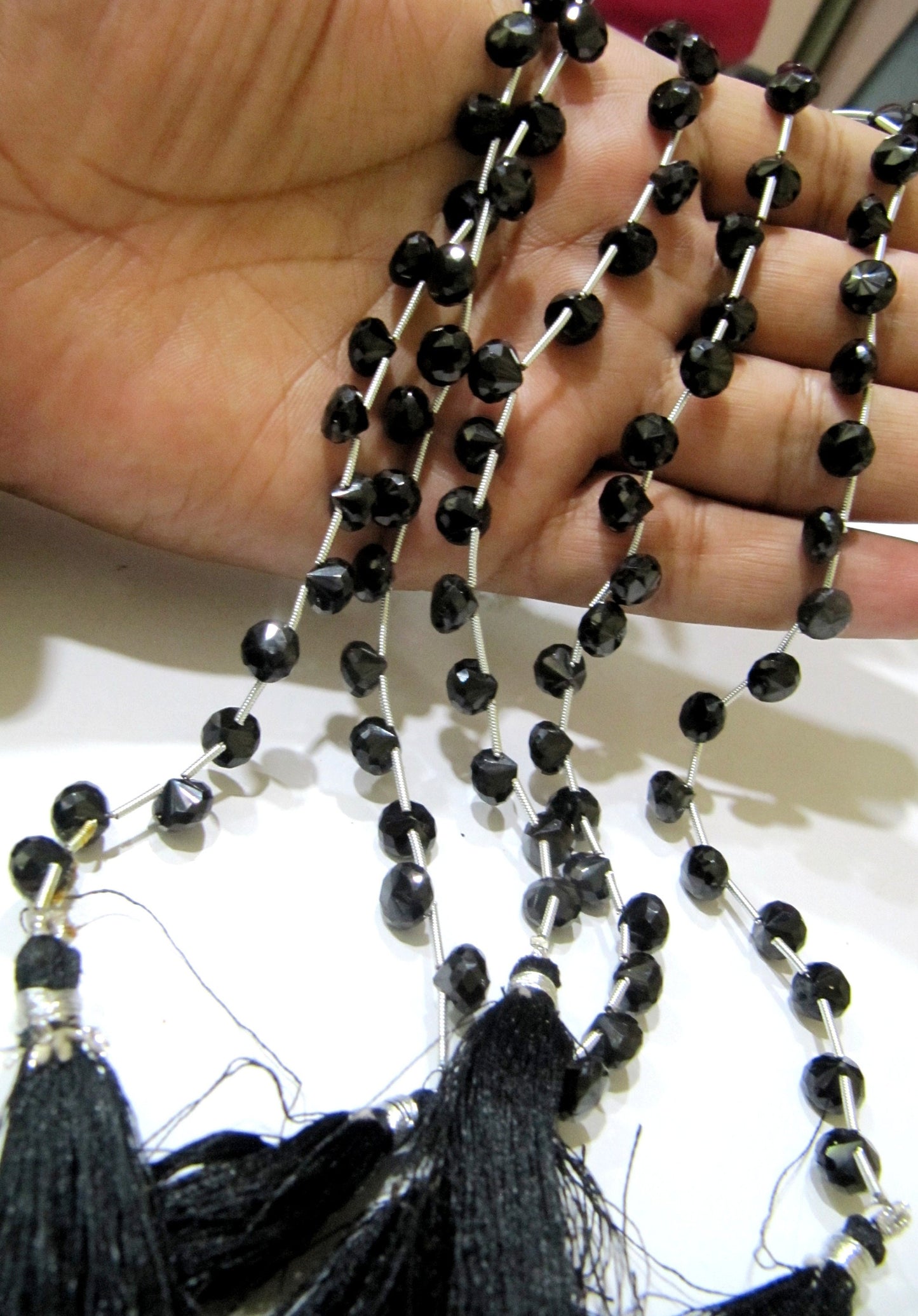 Natural Black Spinel Onion Shape Briolette Faceted 5x6mm to 7x8mm Gemstone beads 8inches Strand jewelry making bead Sold per Strand