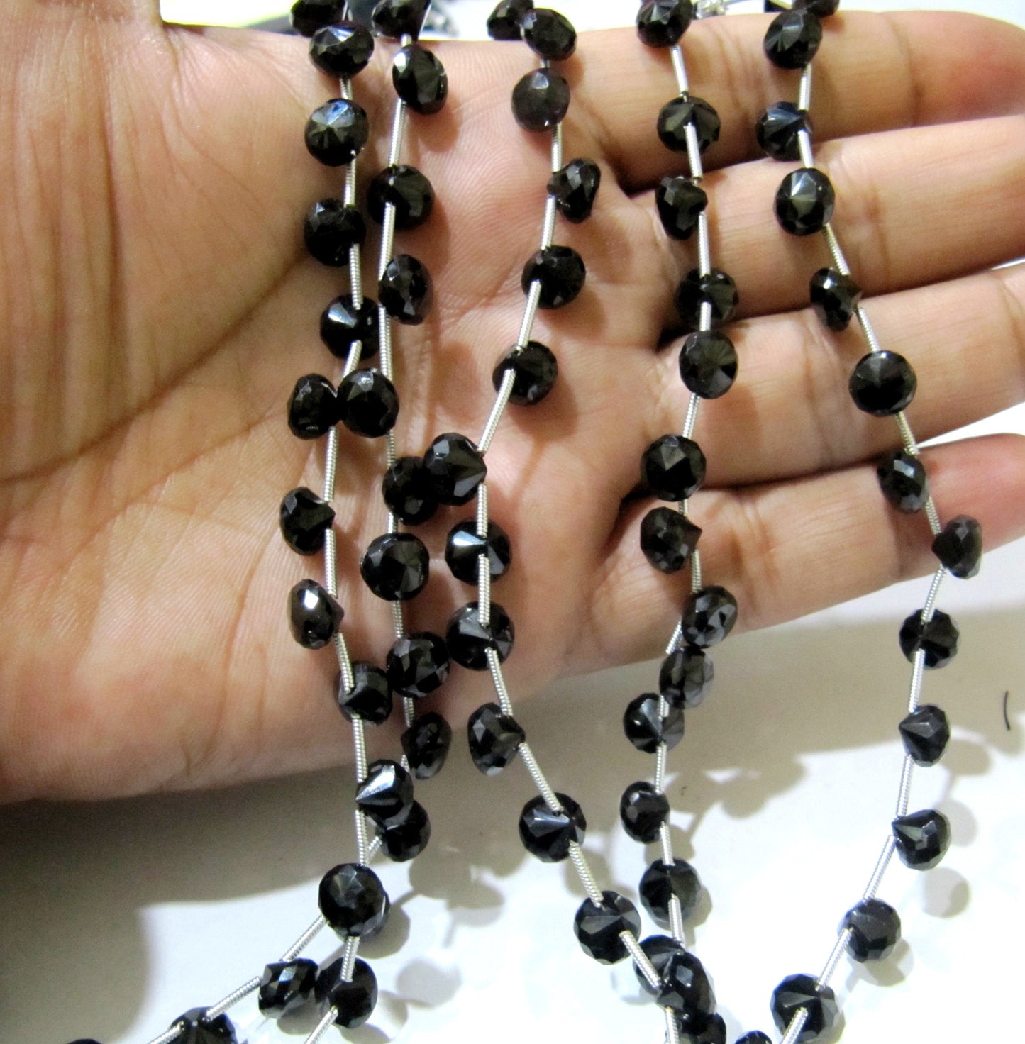 Natural Black Spinel Onion Shape Briolette Faceted 5x6mm to 7x8mm Gemstone beads 8inches Strand jewelry making bead Sold per Strand