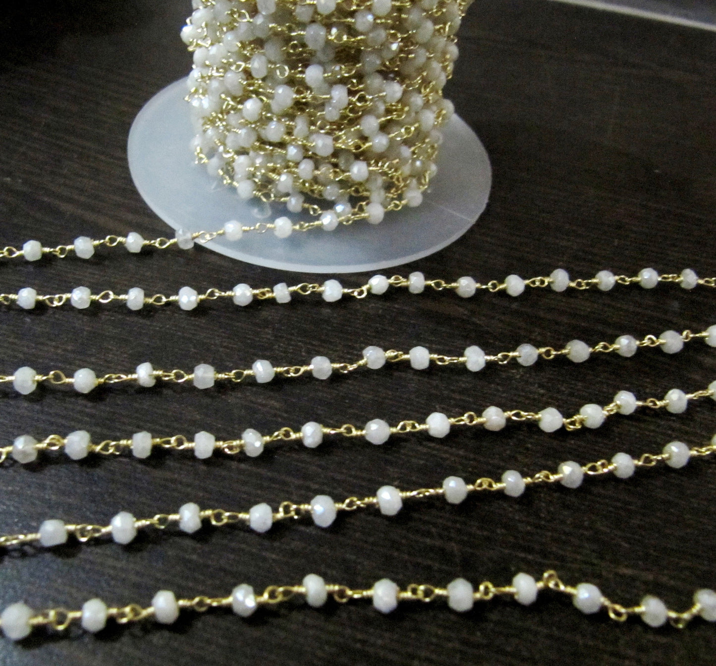 Mystic White Chalcedony Rondelle Faceted Beaded Chain 3mm Size White Hydro Quartz Bead Rosary Chain  Choose the plating Sold per foot