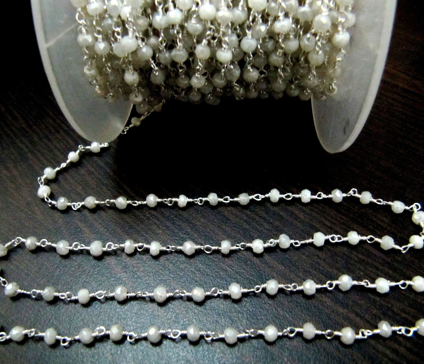 Mystic White Chalcedony Rondelle Faceted Beaded Chain 3mm Size White Hydro Quartz Bead Rosary Chain  Choose the plating Sold per foot