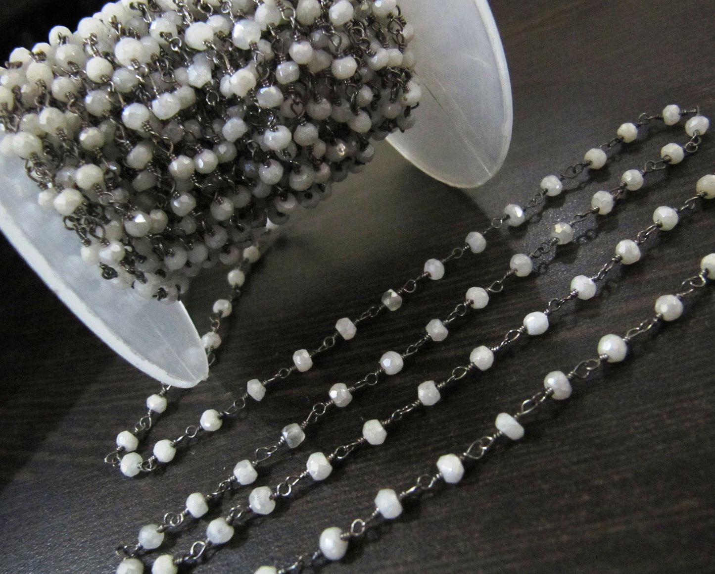 Mystic White Chalcedony Rondelle Faceted Beaded Chain 3mm Size White Hydro Quartz Bead Rosary Chain  Choose the plating Sold per foot