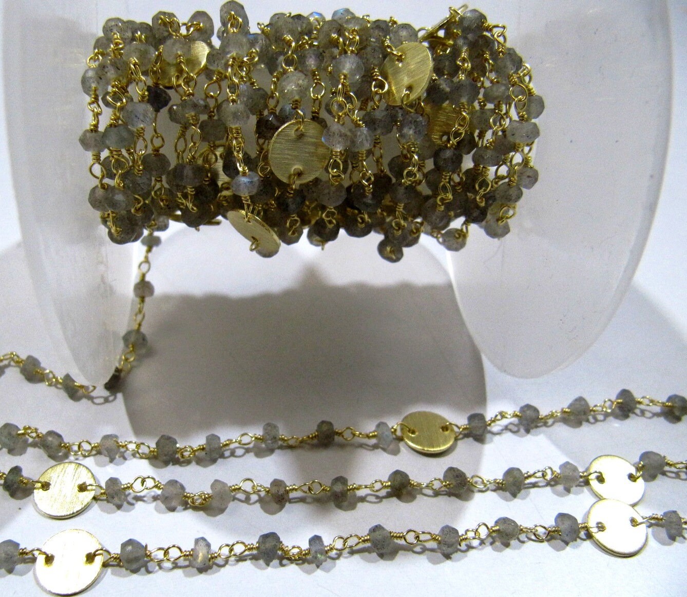 Natural Labradorite Rondelle Faceted Beads 3-4mm Rosary Chain with Metal Coin Gemstone Handmade beaded Wire Wrapped Chain Sold Per Foot