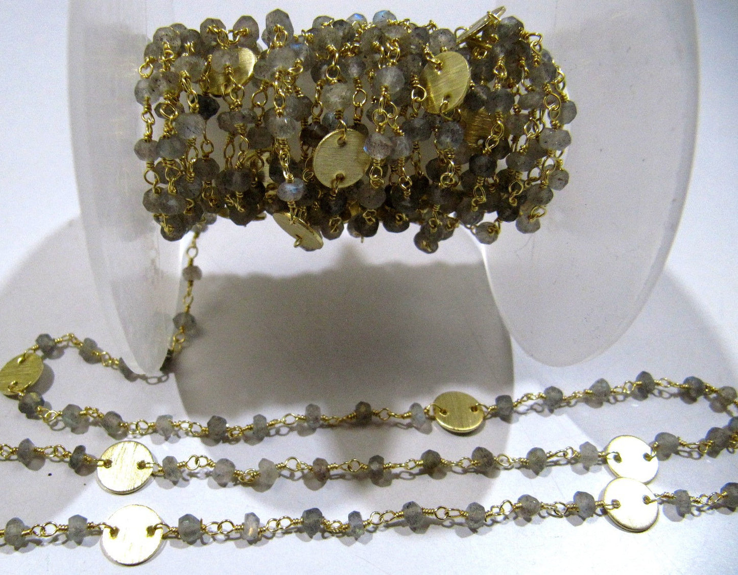 Natural Labradorite Rondelle Faceted Beads 3-4mm Rosary Chain with Metal Coin Gemstone Handmade beaded Wire Wrapped Chain Sold Per Foot
