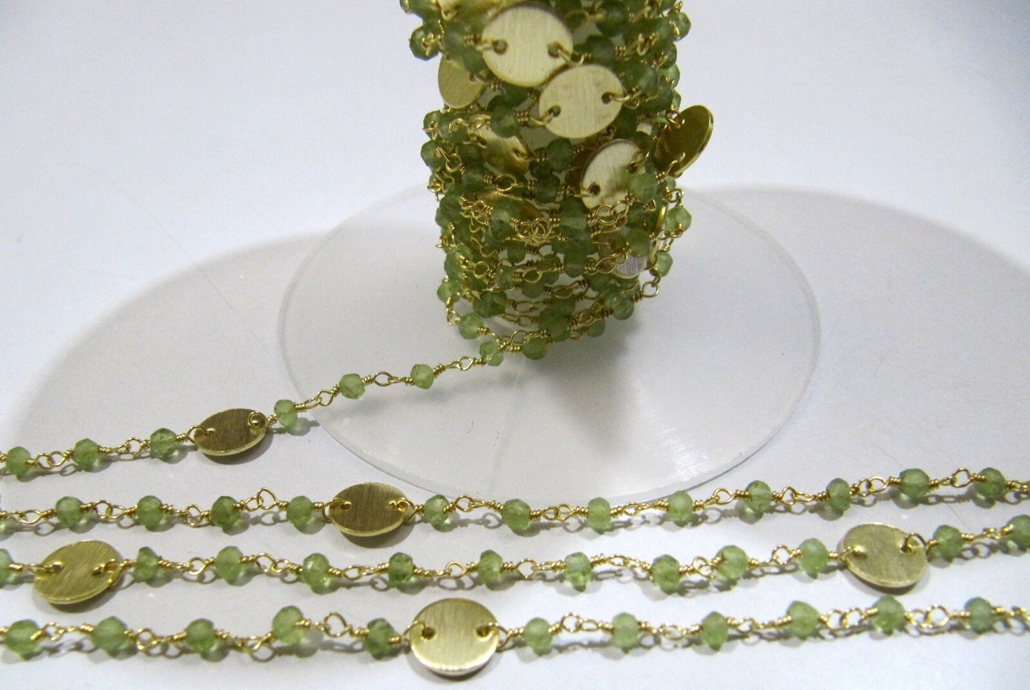 Natural Peridot Rondelle Faceted Beads 3-4mm Rosary Chain with Metal Coin Gemstone Handmade beaded Wire Wrapped Chain Sold Per Foot