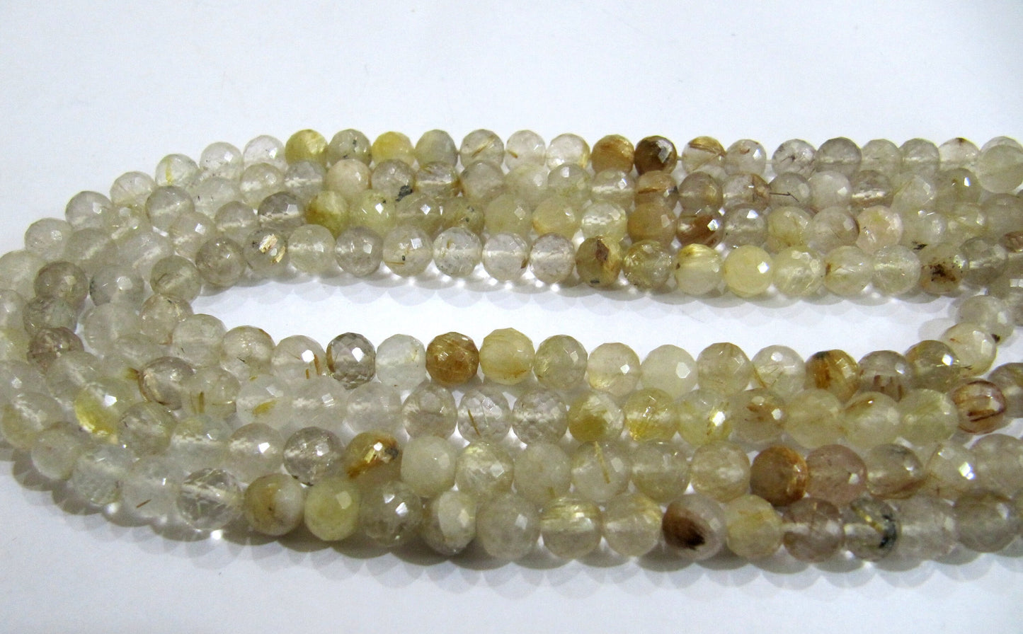 Natural Golden Rutilated 7mm Round Ball Shape Faceted Beads sold per strand 8 Inches Long Semi Precious Golden Color Beads Top Quality
