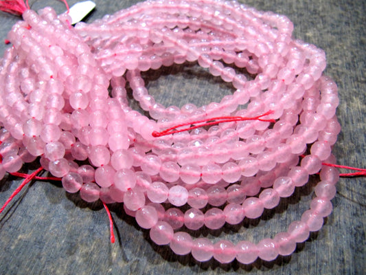 Natural Rose Quartz Round Shape  Briolette Faceted 5-6mm Beads Pink Colour Beads For Jewelry Making Sold Per Strand 14-15 Inches Long
