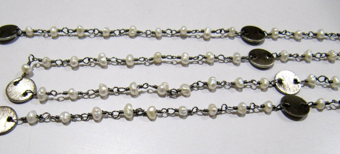 Natural Pearl Rondelle Faceted Beads 3-4mm Rosary Chain with Metal Coin Gemstone Handmade beaded Wire Wrapped Chain Sold Per Foot