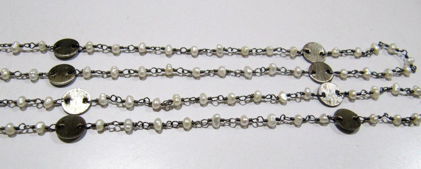 Natural Pearl Rondelle Faceted Beads 3-4mm Rosary Chain with Metal Coin Gemstone Handmade beaded Wire Wrapped Chain Sold Per Foot