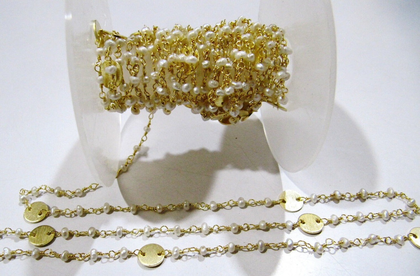 Natural Pearl Rondelle Faceted Beads 3-4mm Rosary Chain with Metal Coin Gemstone Handmade beaded Wire Wrapped Chain Sold Per Foot