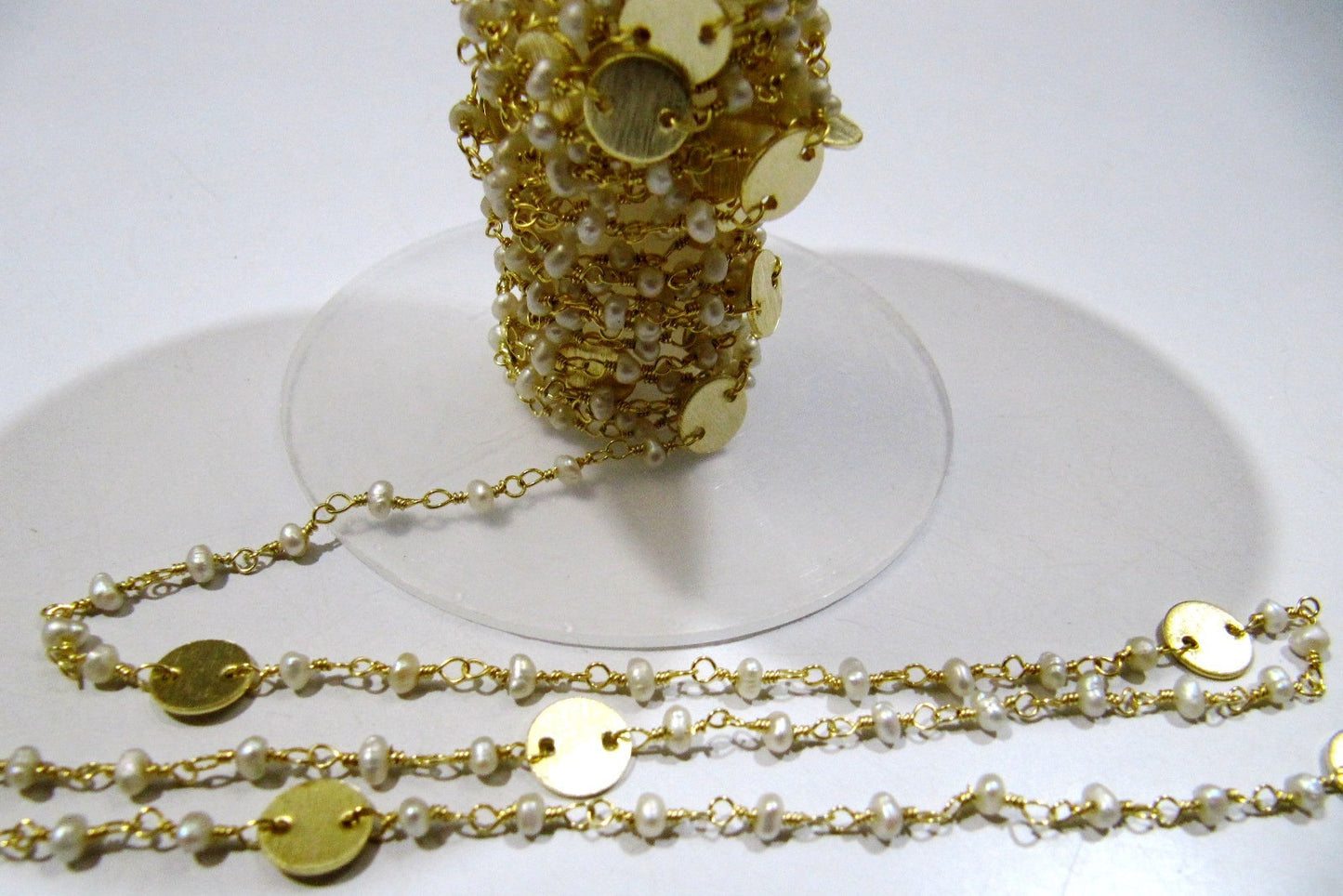 Natural Pearl Rondelle Faceted Beads 3-4mm Rosary Chain with Metal Coin Gemstone Handmade beaded Wire Wrapped Chain Sold Per Foot
