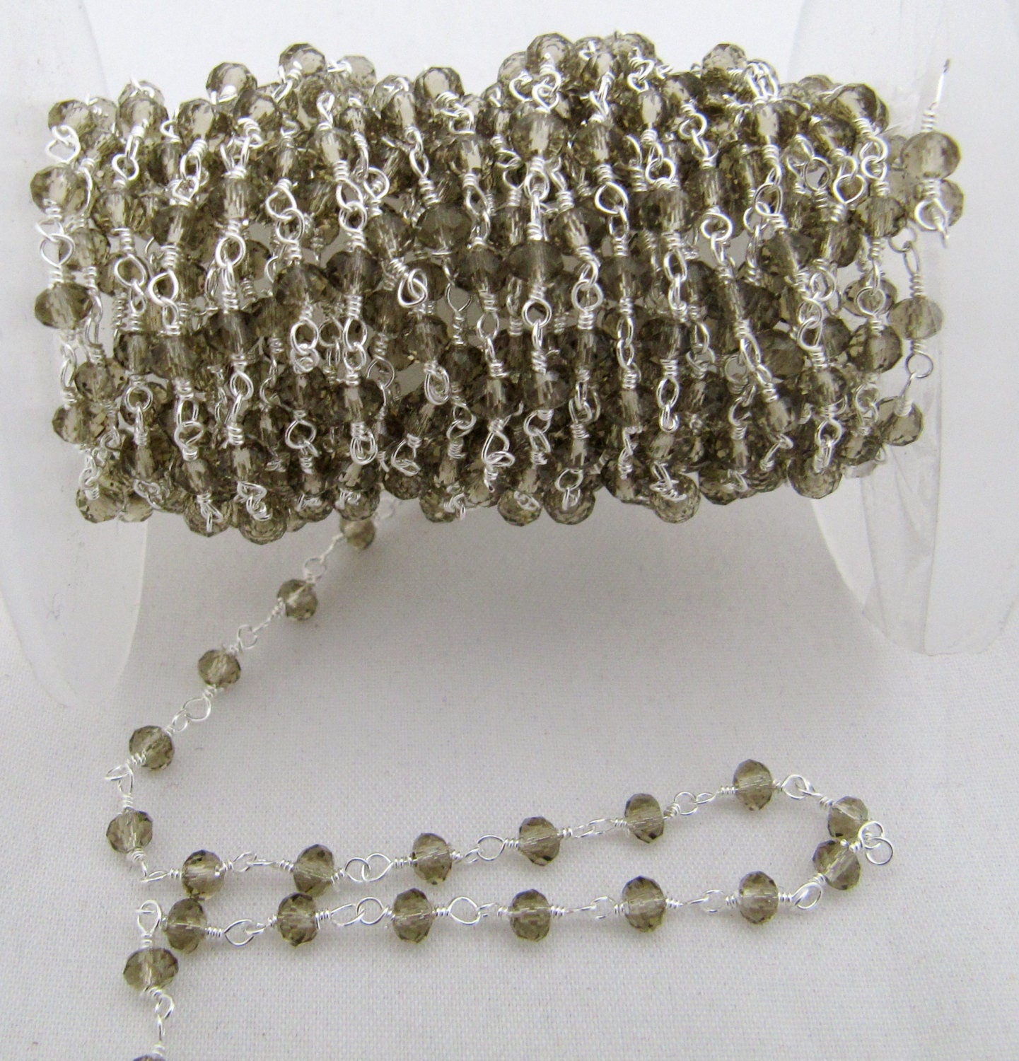 3 Feet- Smoky Quartz Rondelle Faceted  Size 3mm Beaded Wire Wrapped Rosary Chain Wholesale Prices Choose the Plating Color