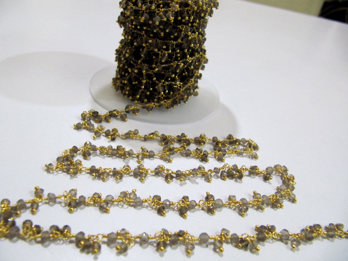 Natural Smoky Quartz Rondelle Faceted  3mm Beads Wire Wrapped Thick Dangling Rosary Beaded Chain Wholesale Prices sold per foot
