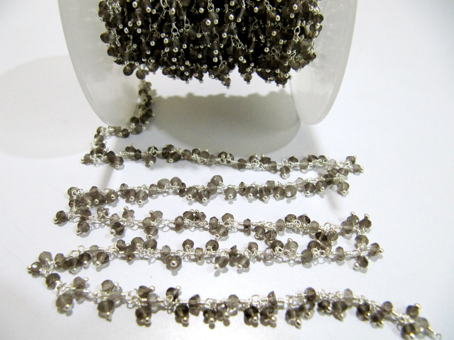 Natural Smoky Quartz Rondelle Faceted  3mm Beads Wire Wrapped Thick Dangling Rosary Beaded Chain Wholesale Prices sold per foot