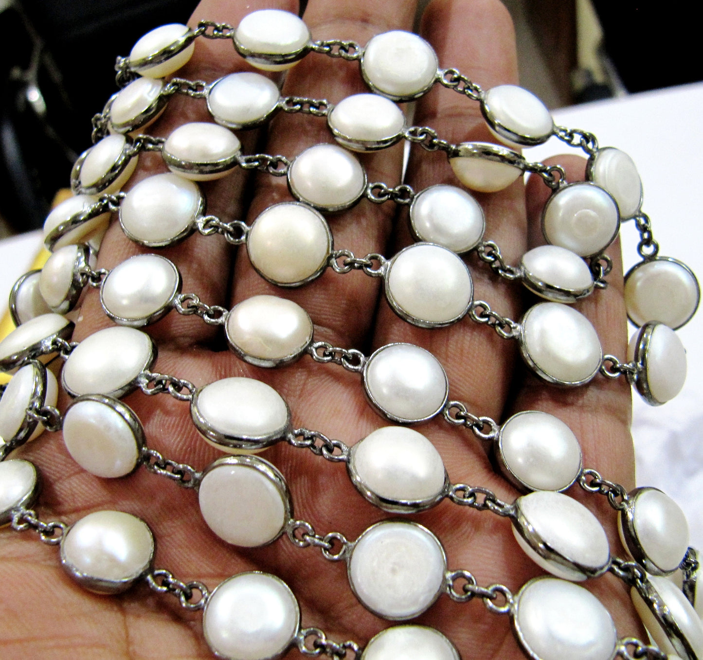 Natural Pearl 10-11mm Round Coin Shape Tiff Bezel Connector Chain Sold Per Foot Wholesale Prices Bezel Handmade chain sold per foot