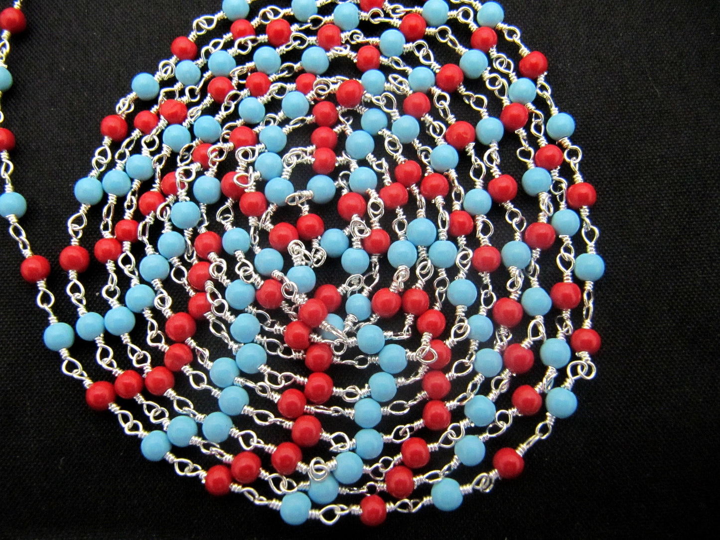 3 Feet-Coral and Turquoise Quartz Plain Smooth Round 3mm ball shape beaded Wire Wrapped Chain Wholesale Prices Jewelry Making Quartz chain