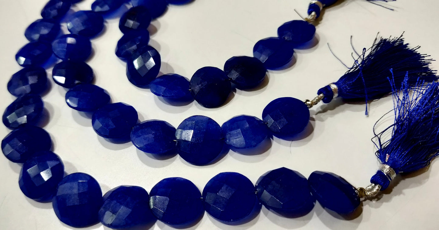 Blue Sapphire  Round Coin Shape Briolette Faceted Straight Drilled Beads 15mm Sold per Strand 8 inches Blue Gemstone Beads