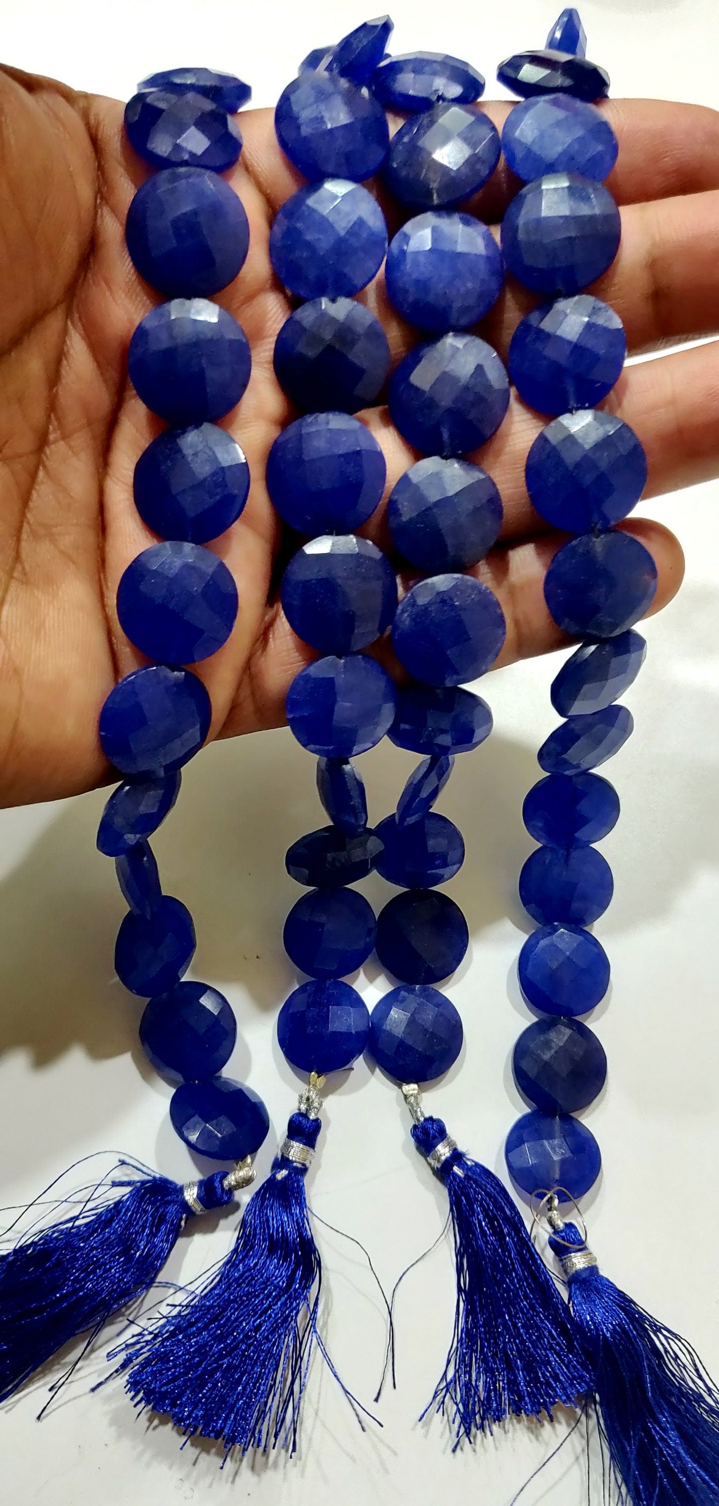 Blue Sapphire  Round Coin Shape Briolette Faceted Straight Drilled Beads 15mm Sold per Strand 8 inches Blue Gemstone Beads