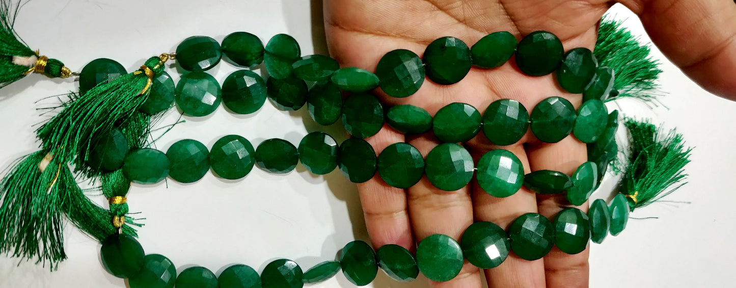 Emerald Round Coin Shape Briolette Faceted Straight Drilled Beads 15mm Sold per Strand 8 inches long Green Gemstone beads