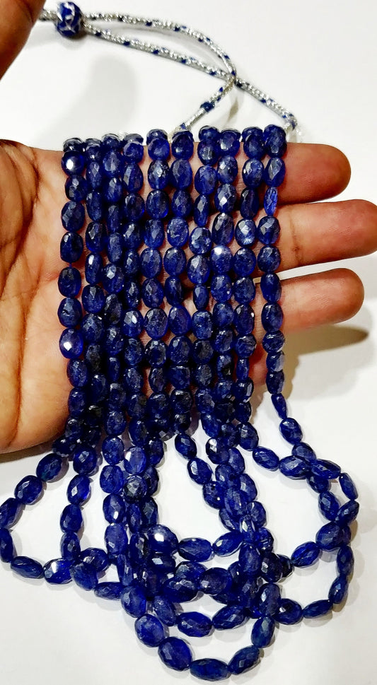 Natural Blue Sapphire Oval Shape Briolette Faceted 5x7mm to 8X11mm Size Beaded 18 inches long Necklace Top Quality Precious Gemstone Beads