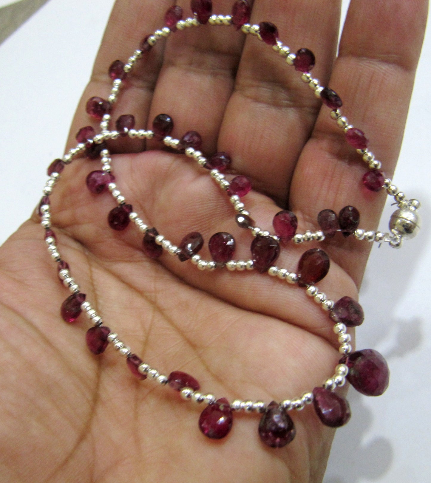 Natural Pink Tourmaline Briolette Faceted Pear Shape 4X6mm to 9X12mm Size Beaded Necklace 16 Inches Long With Magnetic Clasp