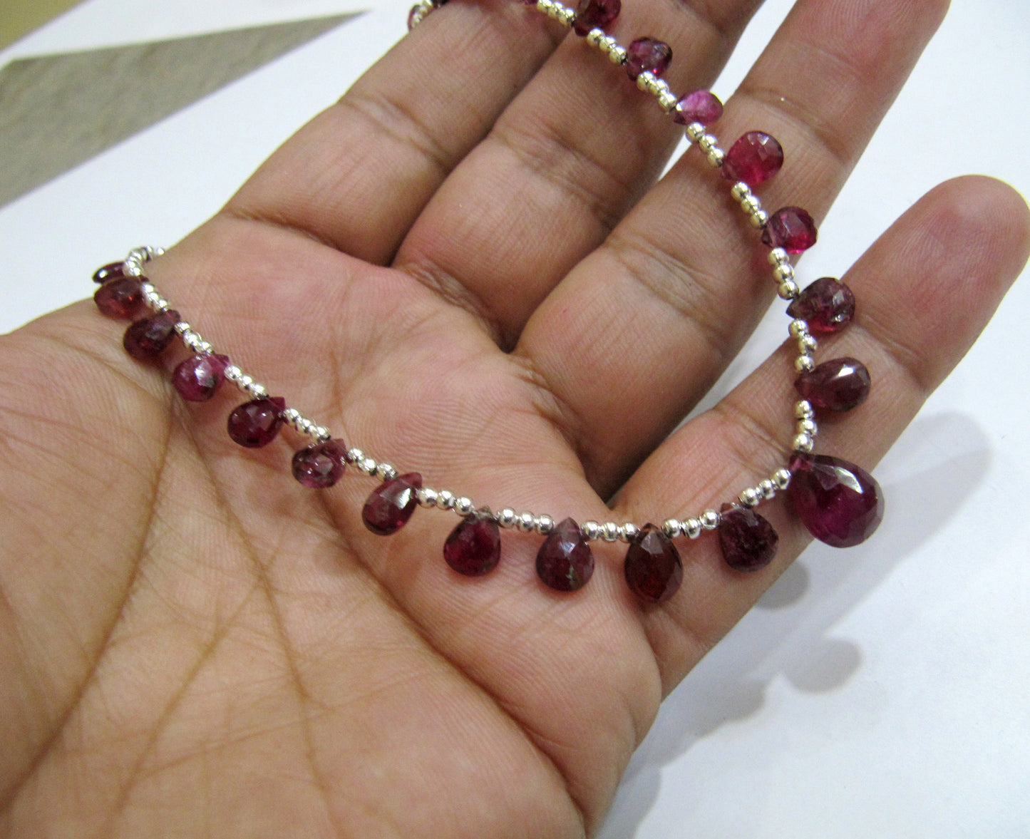 Natural Pink Tourmaline Briolette Faceted Pear Shape 4X6mm to 9X12mm Size Beaded Necklace 16 Inches Long With Magnetic Clasp