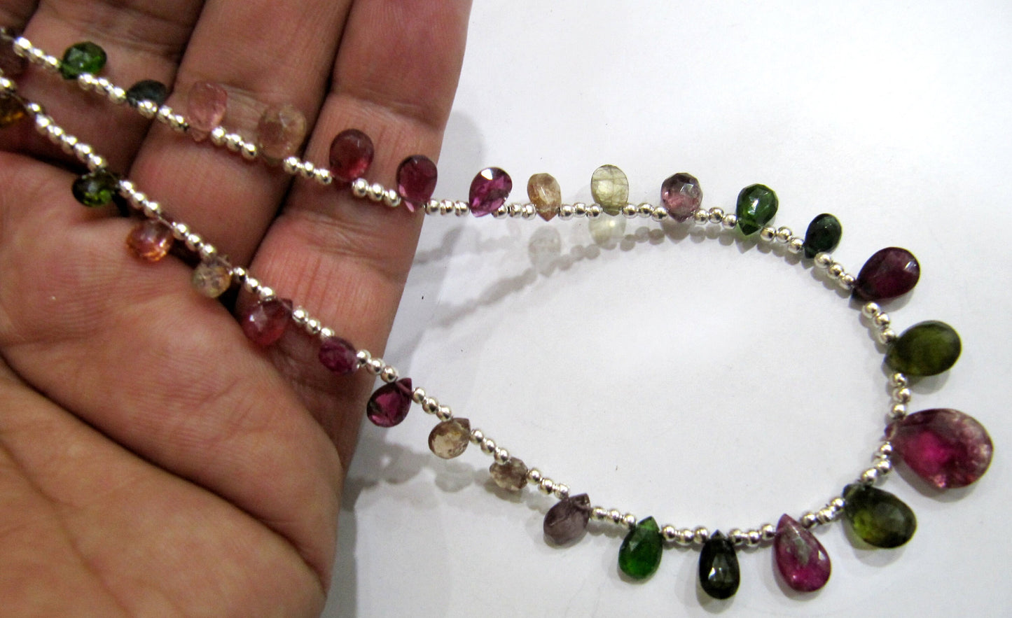 Natural Multi Tourmaline Briolette Faceted Pear Shape 4X6mm to 9X12mm Size Beaded Necklace 16 Inches Long With Magnetic Clasp