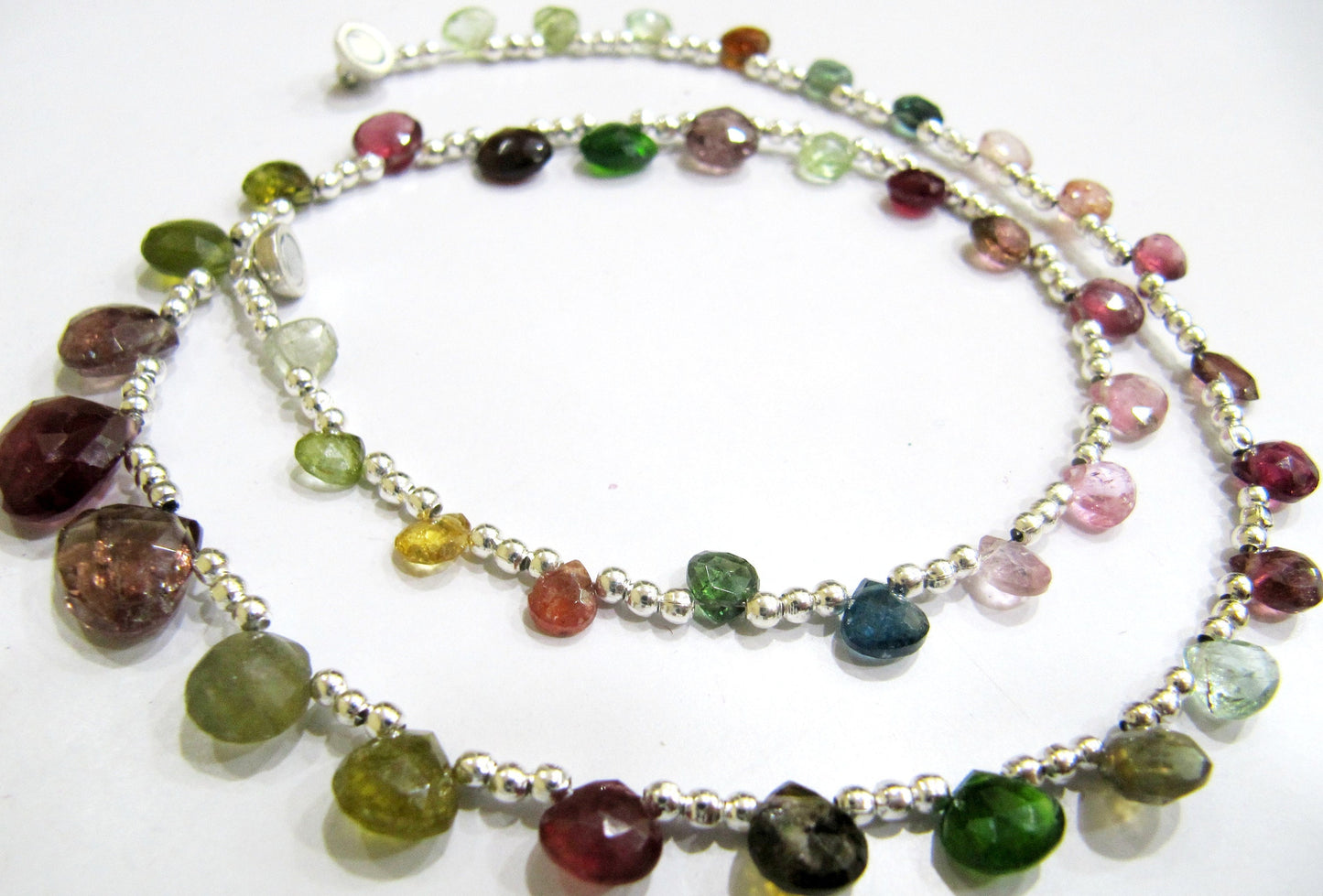 Natural Multi Tourmaline Briolette Faceted Heart Shape 6 to 10mm Graduated Beaded Necklace 16 Inches Long With Magnetic Clasp
