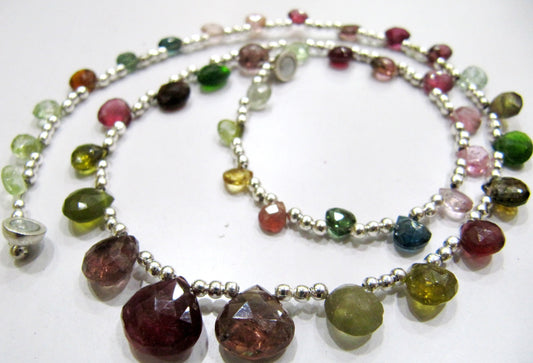 Natural Multi Tourmaline Briolette Faceted Heart Shape 6 to 10mm Graduated Beaded Necklace 16 Inches Long With Magnetic Clasp