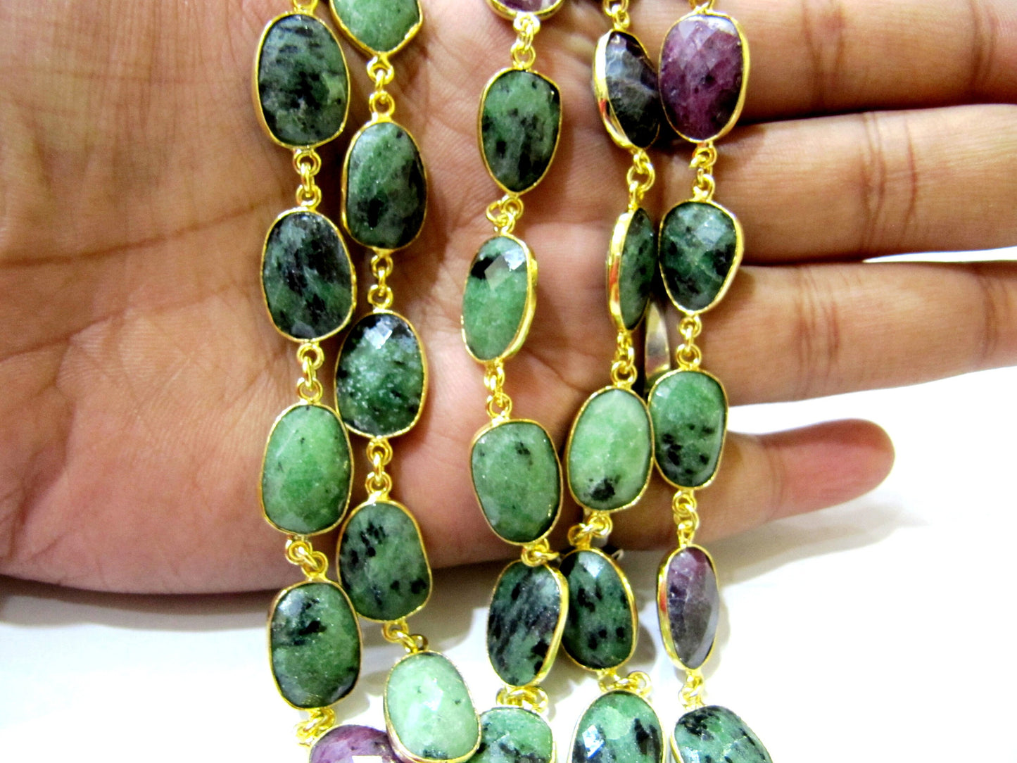 Natural Ruby Zoisite  Briolette Faceted Uneven Free Shape 10 to 15mm Gemstone Bezel Connector Chain Jewelry Making Chain Choose the plating