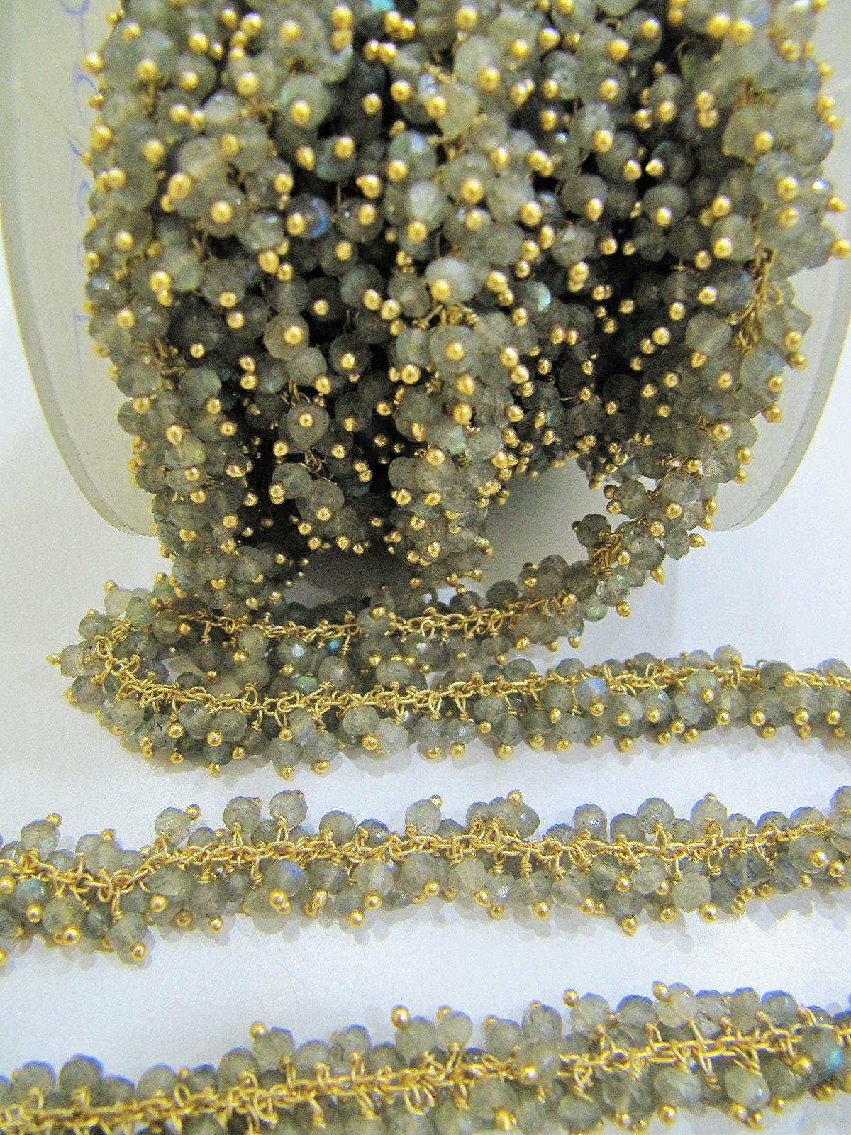 Natural Labradorite Rondelle Micro faceted 3mm Beaded Dangling Cluster Wire Wrapped Rosary Chain Wholesale Prices