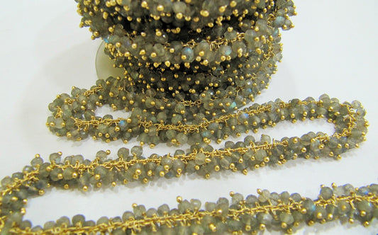 Natural Labradorite Rondelle Micro faceted 3mm Beaded Dangling Cluster Wire Wrapped Rosary Chain Wholesale Prices