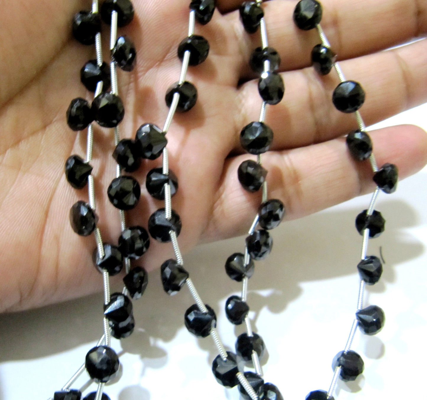 Natural Black Spinel Onion Shape Briolette Faceted 5x6mm to 7x8mm Gemstone beads 8inches Strand jewelry making bead Sold per Strand