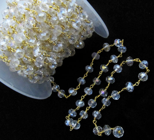 3 Feet- Crystal Quartz  Mystic Coated Beaded Rosary Chain Rondelle Faceted  6mm Clear Quartz Beads Chain Wholesale Prices