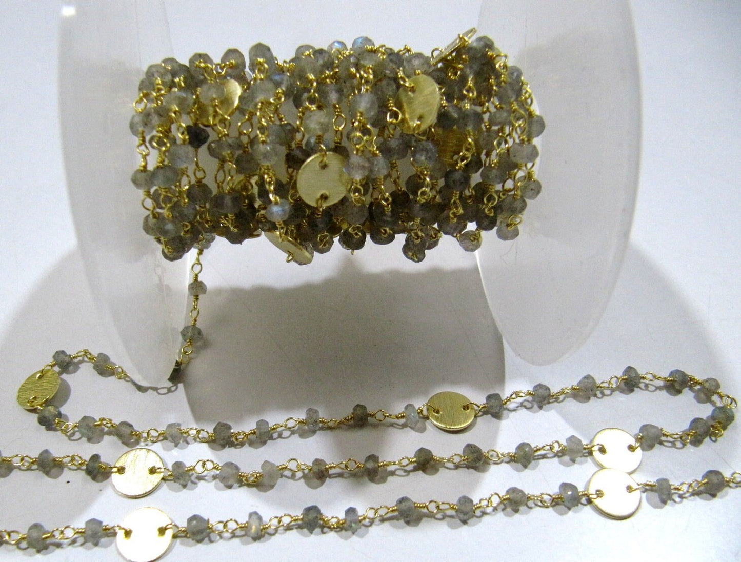 Natural Labradorite Rondelle Faceted Beads 3-4mm Rosary Chain with Metal Coin Gemstone Handmade beaded Wire Wrapped Chain Sold Per Foot