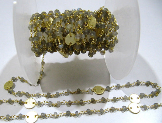Natural Labradorite Rondelle Faceted Beads 3-4mm Rosary Chain with Metal Coin Gemstone Handmade beaded Wire Wrapped Chain Sold Per Foot