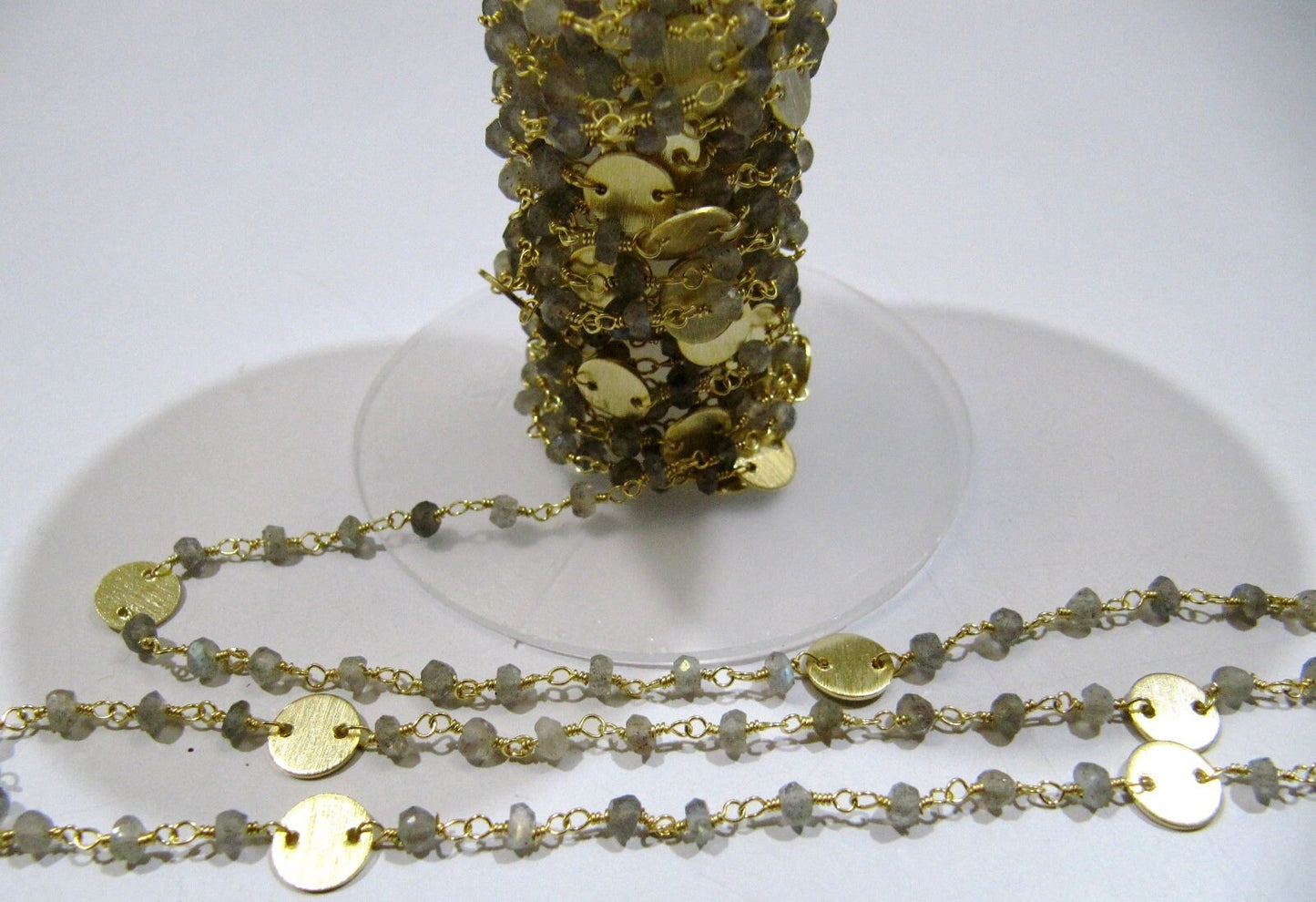 Natural Labradorite Rondelle Faceted Beads 3-4mm Rosary Chain with Metal Coin Gemstone Handmade beaded Wire Wrapped Chain Sold Per Foot