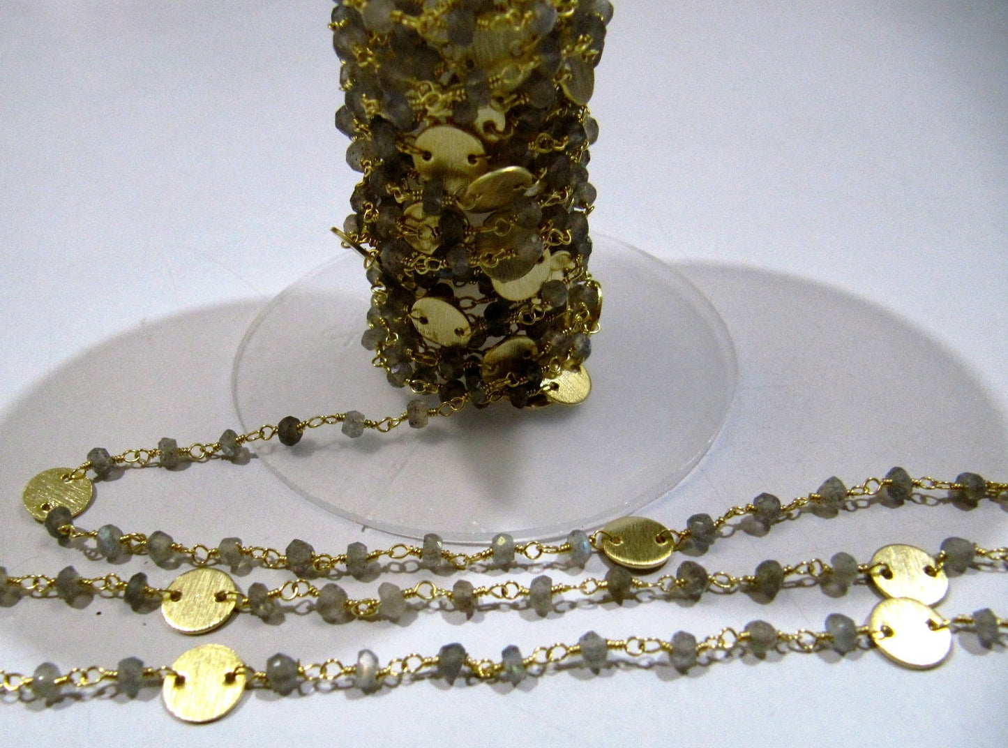 Natural Labradorite Rondelle Faceted Beads 3-4mm Rosary Chain with Metal Coin Gemstone Handmade beaded Wire Wrapped Chain Sold Per Foot