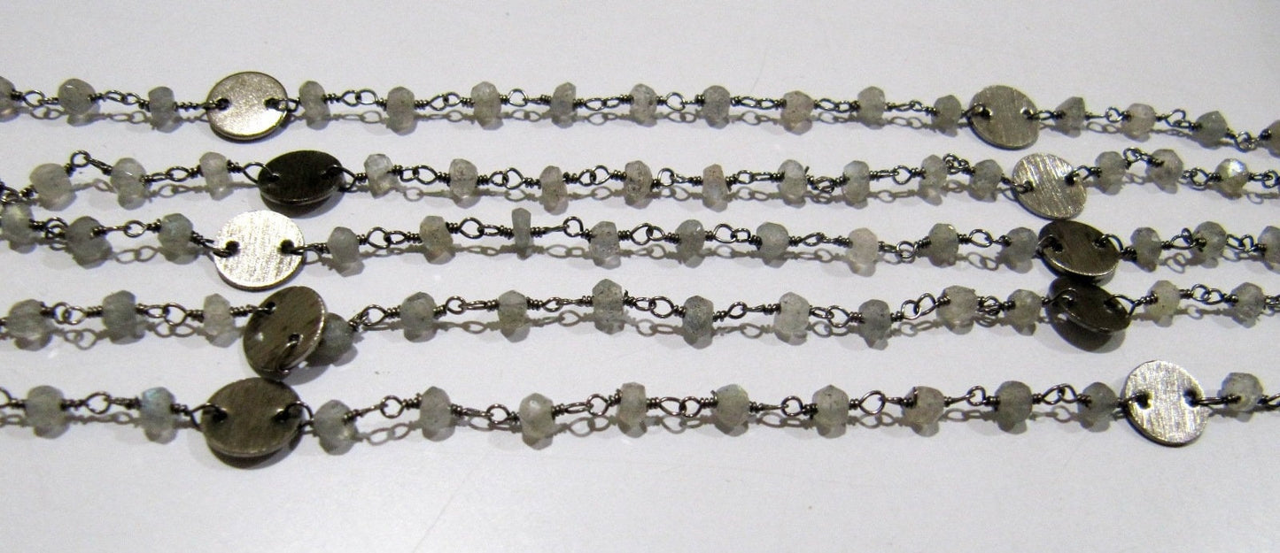 Natural Labradorite Rondelle Faceted Beads 3-4mm Rosary Chain with Metal Coin Gemstone Handmade beaded Wire Wrapped Chain Sold Per Foot