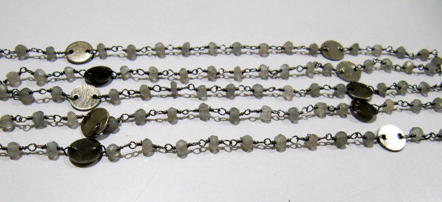 Natural Labradorite Rondelle Faceted Beads 3-4mm Rosary Chain with Metal Coin Gemstone Handmade beaded Wire Wrapped Chain Sold Per Foot